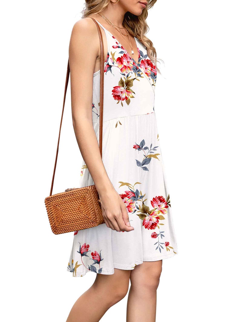 WEACZZY Summer Dresses for Women 2025 Sexy V Neck Floral Sun Dress Casual Beach Cover Up Mini Vacation Dresses Pockets, Floral White, L - Image 3